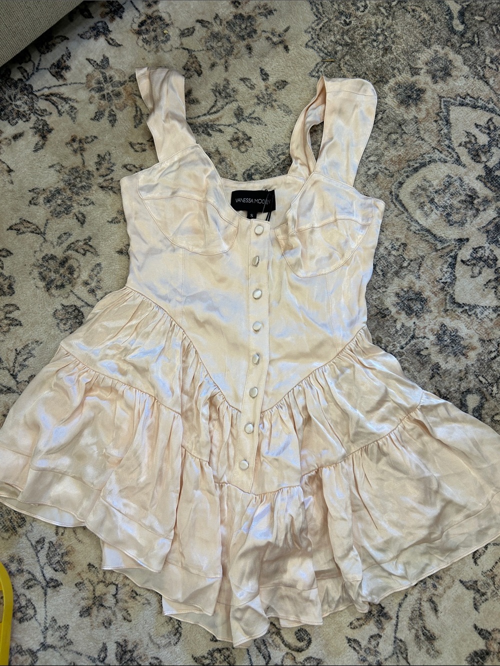 NWT! Vanessa Mooney Satin Ruffle Tiered Mini Dress - Light Blush